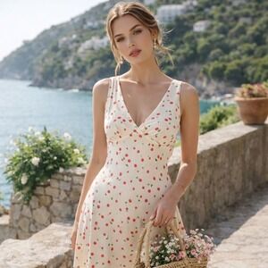 ZARA Cherry Print Mini Slip Dress XL Cream Coquette Y2K Cottagecore Summer